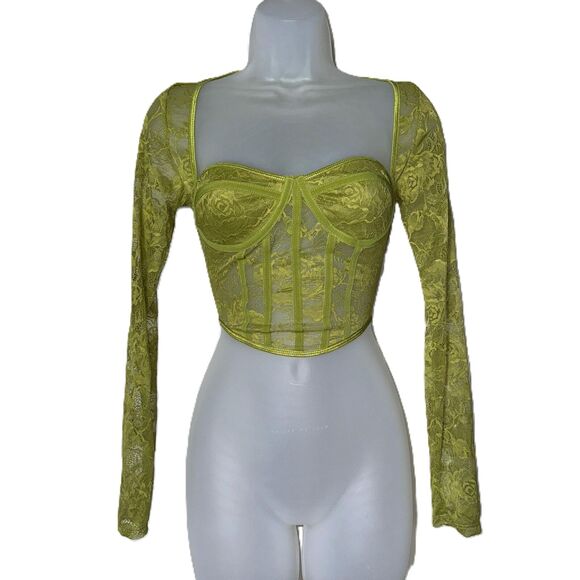 Medium Olive Green Lace Corset‎ Long Sleeve Crop Top Bustier Corset Mesh Panel - Picture 3 of 6